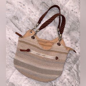 The Sak Crochet Woven Neutral Stripes Coastal Handbag w/ Braided Leather Handles